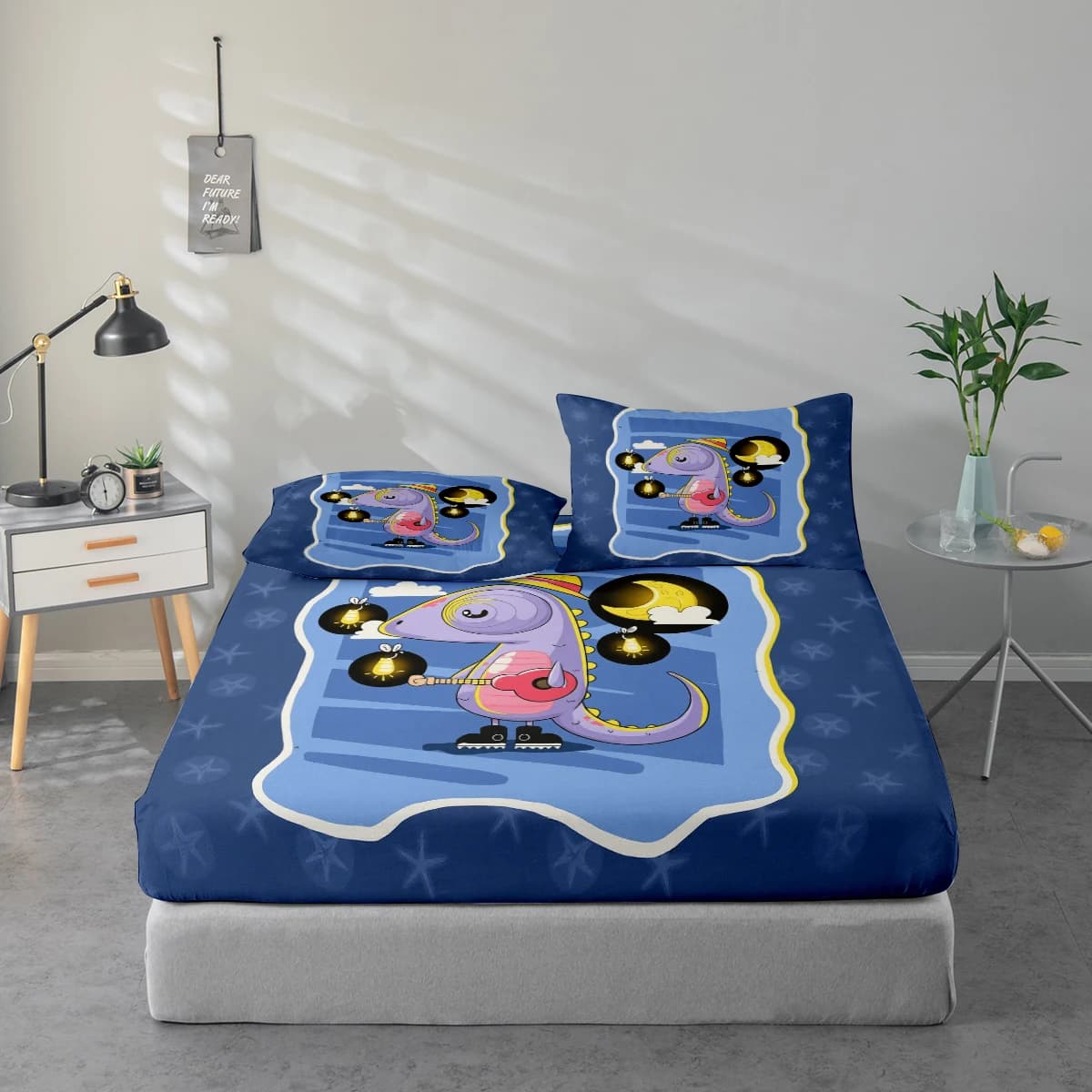 Set di lenzuola con stampa di dinosauri dei cartoni animati, proteggi materasso e federa combinati, set di lenzuola stampate ad alta definizione include 1 lenzuolo + 1 o 2 federe (1 federa per 60*100 cm e 2 federe per 72*132 cm, il resto delle misure ha 2 federe), adatto per camera da letto e stanza degli ospiti, biancheria da letto in poliestere ultra morbido, lavabile in lavatrice, utilizzabile in tutte le stagioni