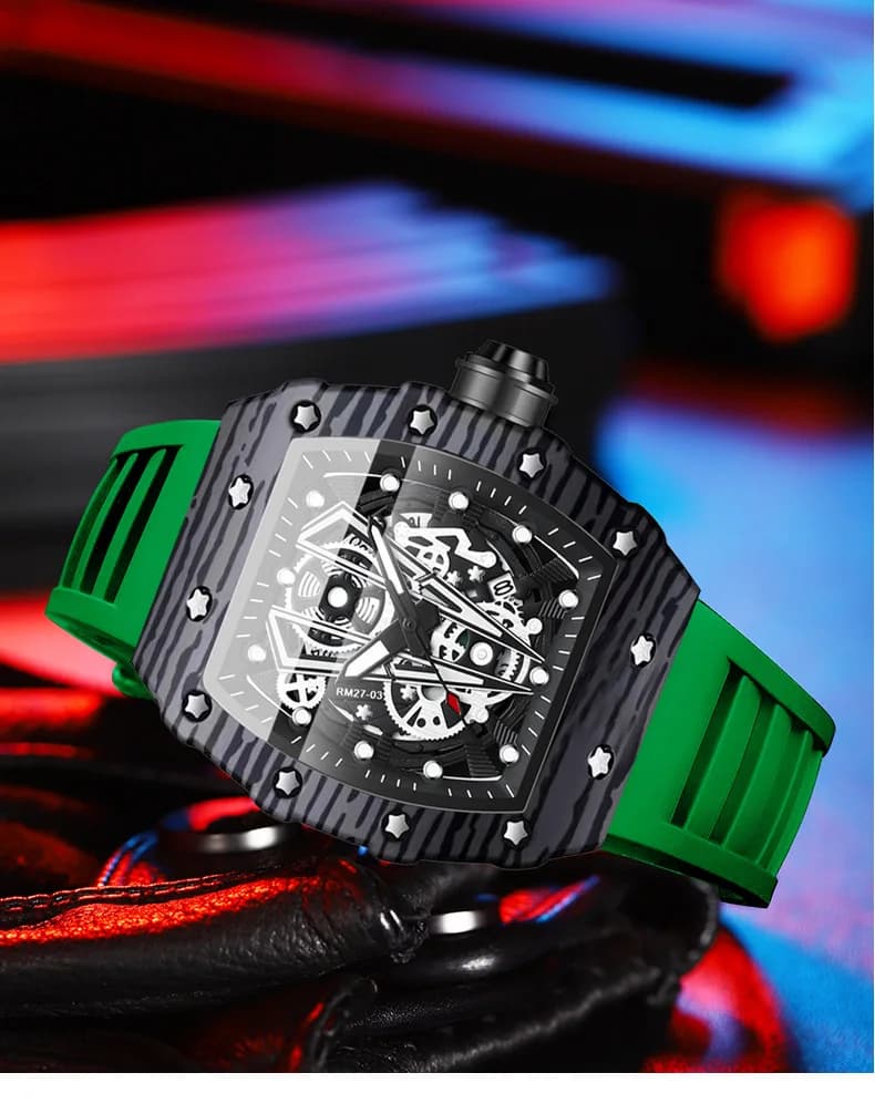 BINBOND Brand Men's Watch Bullet Clock Curved Mirror Surface Cava Man's Sports Watch Silicone Quartz Watch B8577