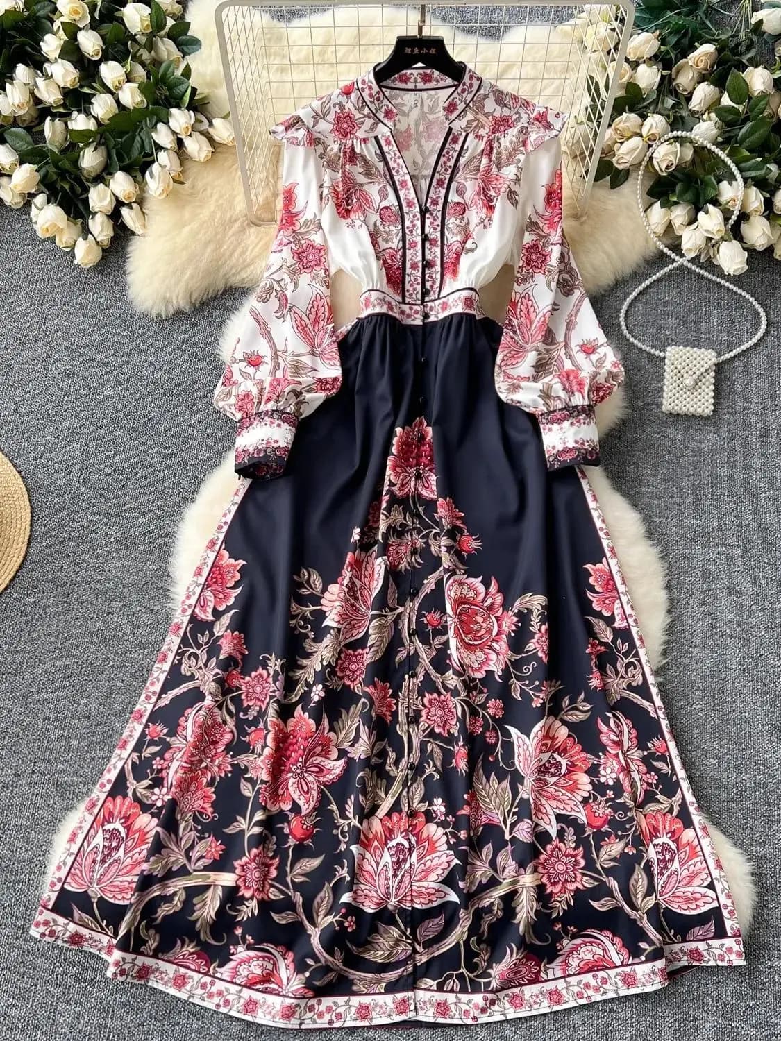 Camicia maxi abito floreale in cotone e lino per le vacanze autunnali vintage Camicia da donna con scollo a V con volant Manica lunga a lanterna Abiti floreali Stampa Robe