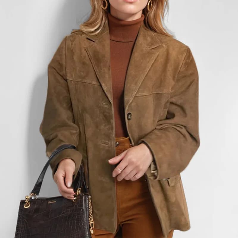 Vintage Brown Women's Jacket Suede Fashion Autumn Single-breasted Lapel Coats Large Head Office Women's Clothes