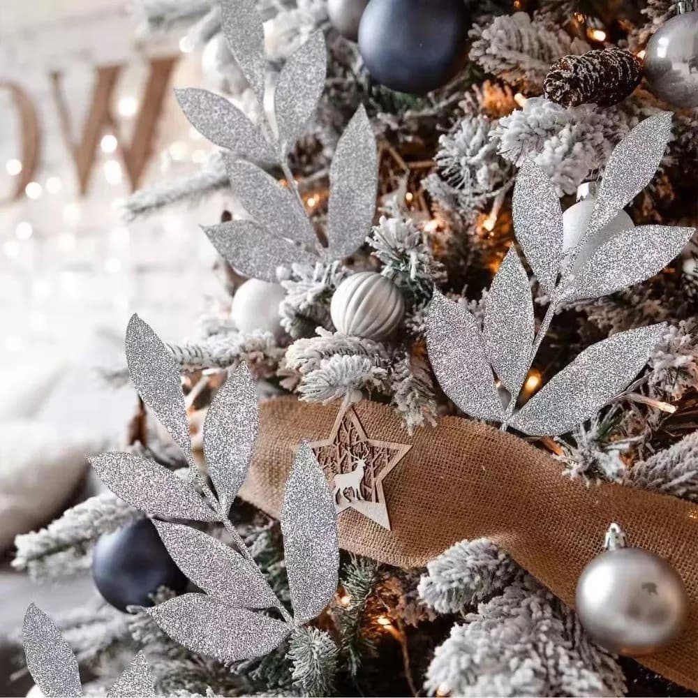 10 pezzi nuove foglie artificiali artificiali glitter fai da te foglie di piante finte decorazioni per albero di Natale a 6 foglie per la festa di nozze