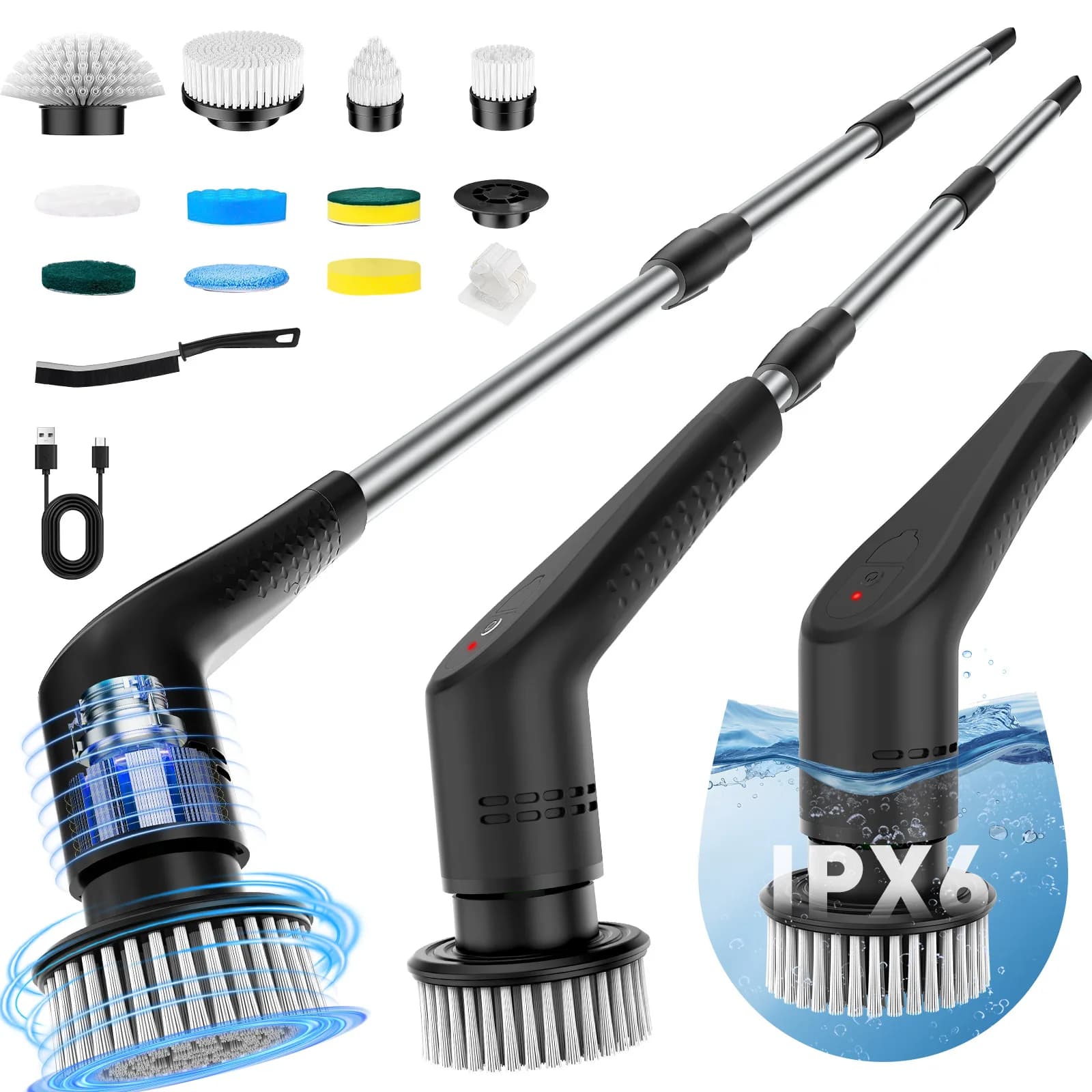 Spazzola Elettrica per Pulizia 12-in-1 con Manico Estensibile, Scrubber Rotante Senza Fili IPX6 Impermeabile per Bagno, Cucina, Pavimenti e WC