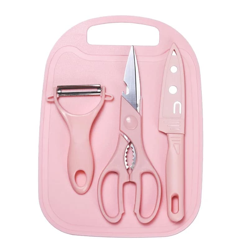 Set di tagliere per frutta da cucina da 4 pezzi con pelapatate, coltello, forbici, antiscivolo, durevoli per uso domestico, scanalature per succhi