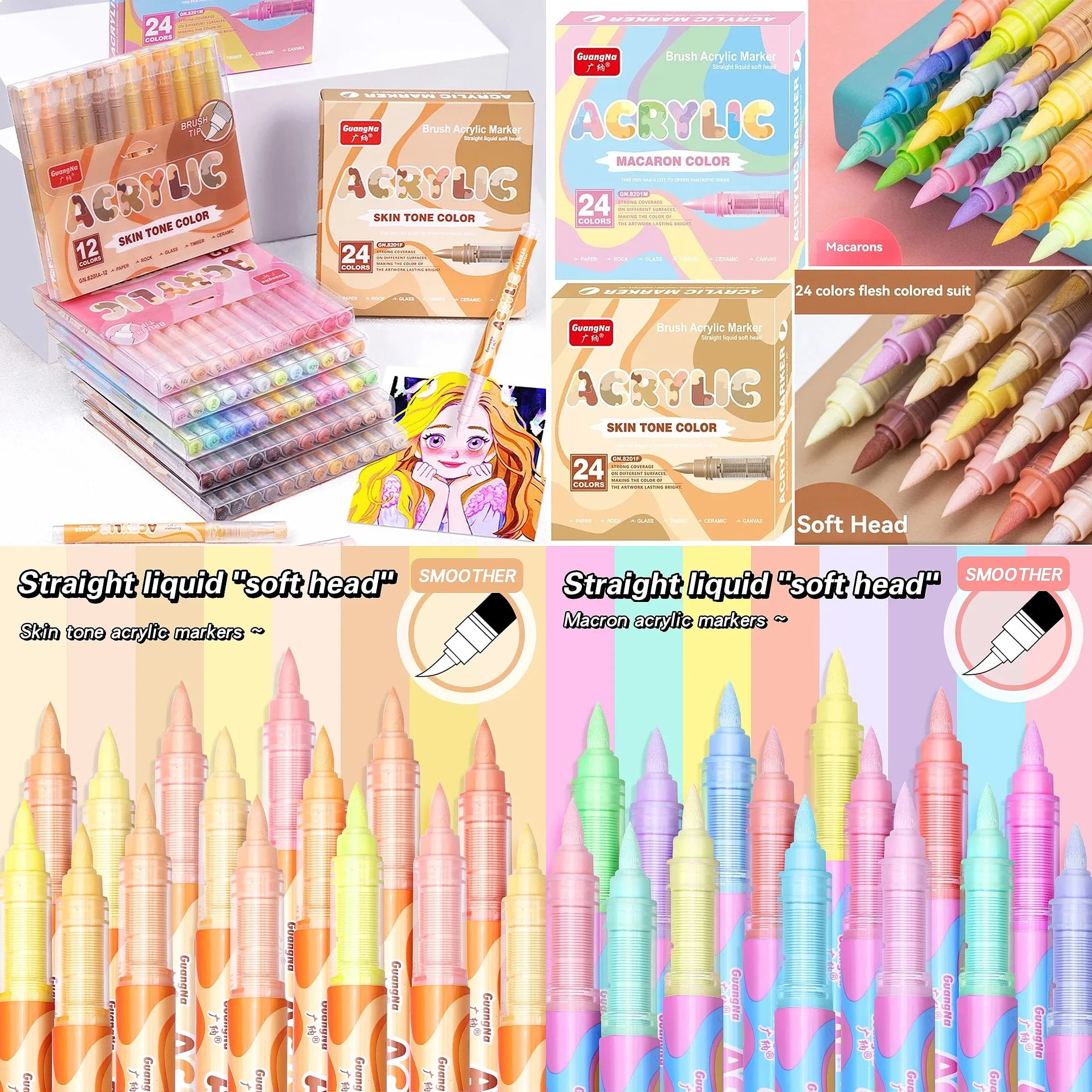 GuangNa 72 Colors Soft Brush Acrylic Marker Pen Set, Skin Tone & Macaron, DIY Hand Drawn Art Paint Markers for Drawing