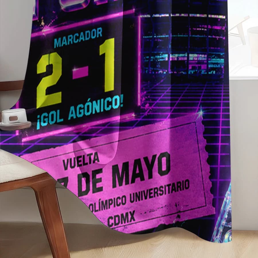 2PCS Curtains, Neon Retro Pachuca vs Pumas Football Match Print with Team Badge, Soccer Ball, Sculpture and Cassette Tape Patter