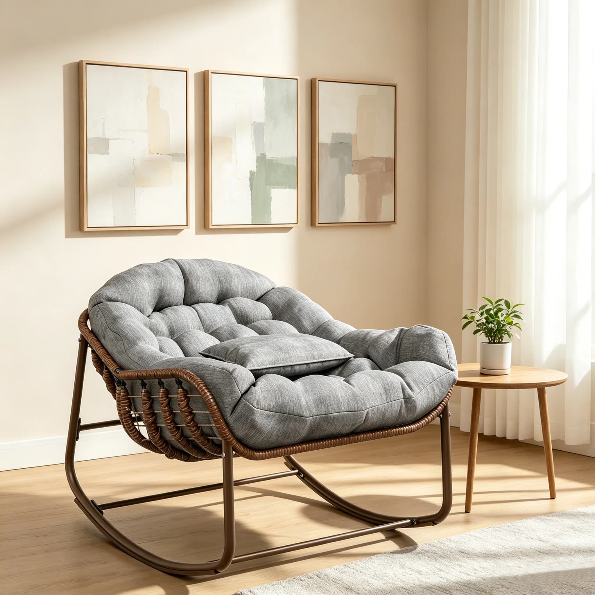 Oversized Papasan Egg Rocking Chair for Patio,Heavy-Duty Metal Frame, Cushioned Wicker Rattan Lounge, Weather-Resistant, 450lbs Capacity, Comfortable Living Room Furniture Chair, Porch & Balcony