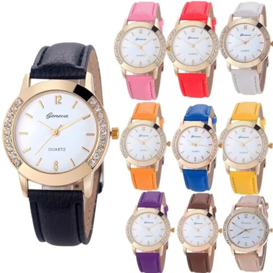 10 Pack Wholesale Women Watches Leather Rhinestone Inlaid Quartz Jelly Dress Wristwatch 10pcs-Leather Brand