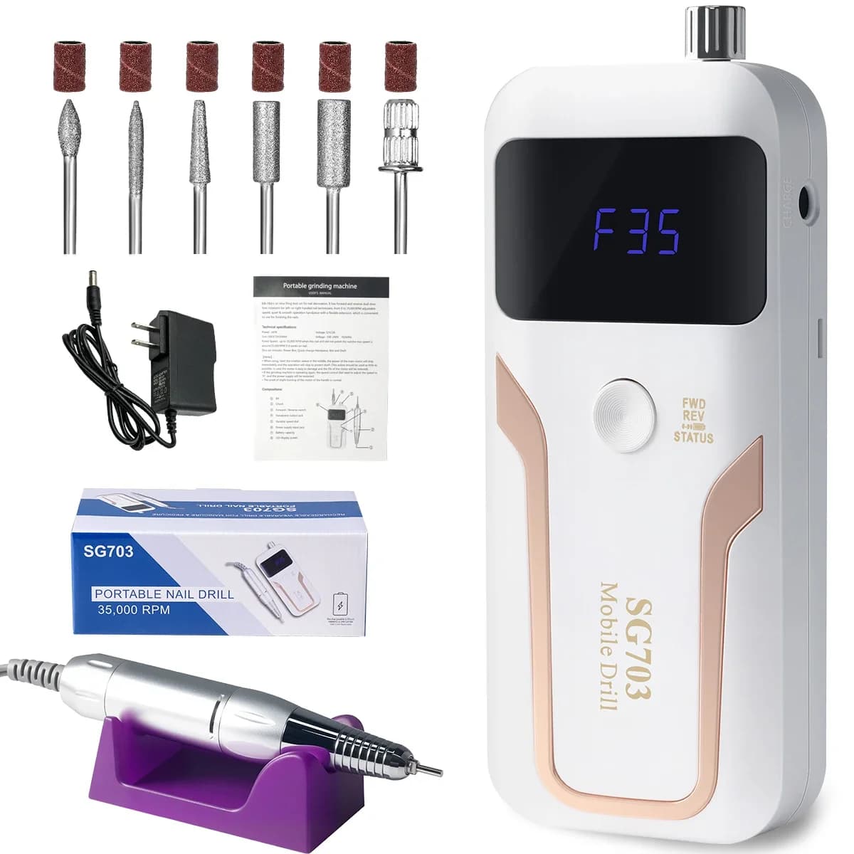 Trapano per unghie portatile professionale 35000 RPM, lima elettrica ricaricabile per la rimozione e la lucidatura di gel acrilico.