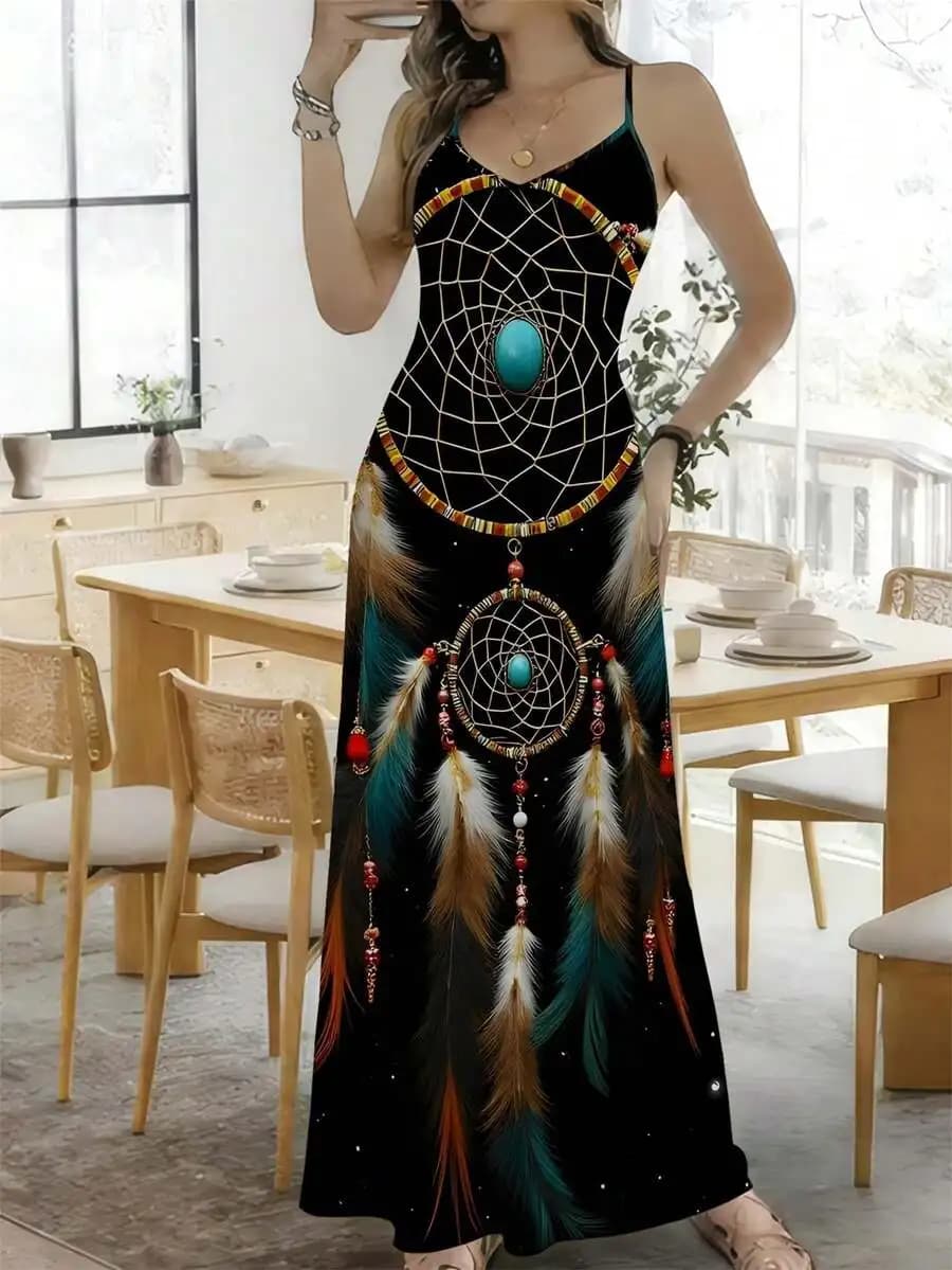 Womens Boho Dreamcatcher Print Maxi Dress Spaghetti Strap Sleeveless Flowy Cami Sundress For Summer Beach Wedding