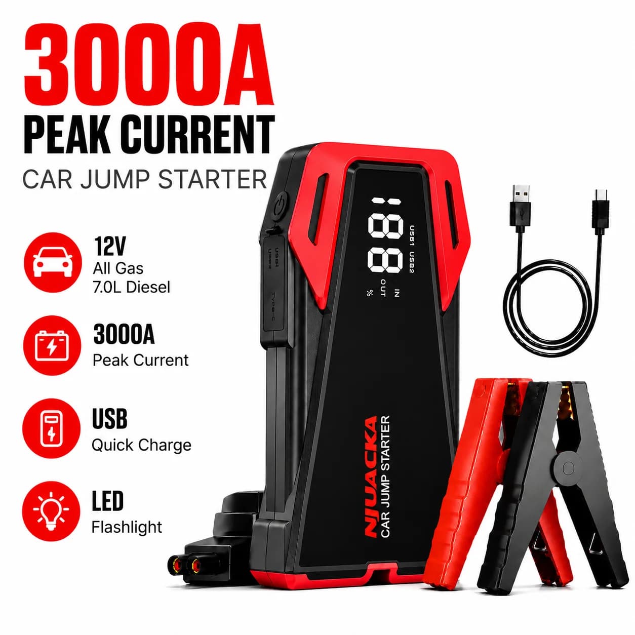 NJUACKA 3000A Car Jump Starter 12V Battery Booster Pack, Portable Vehicle Emergency Starter with Power Bank, LED Flashlight, SOS Warning Light, USB Charging, Auto Safety Tool for Car Breakdown, Camping, Road Trips
