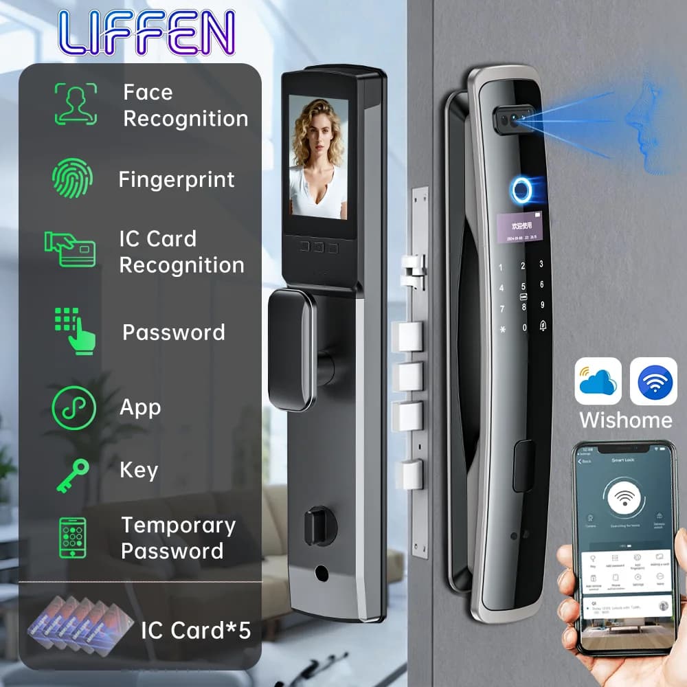 LIFFEN WIFI Wishome APP Smart Life APP Smart Lock 3D Riconoscimento facciale Impronta digitale Password Smart Door Lock con fotocamera