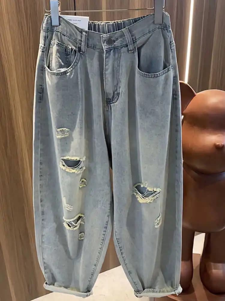 Jeans Haren strappati estivi Pantaloni in denim da donna larghi a vita alta moda casual Pantaloni carota alla caviglia con tasca blu con cerniera