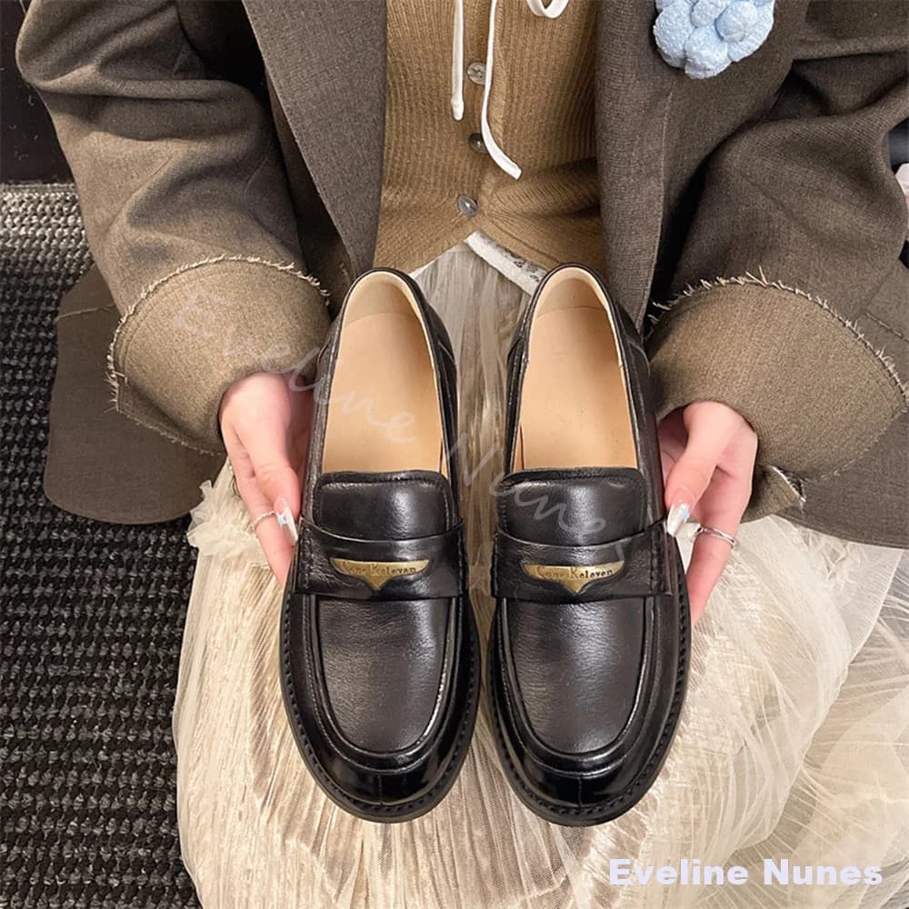 New Women's Black Leather Shoes, Comfortable and Versatile Moccasins with Round Toe and Metallic Decoration, Brown Flannel Sole