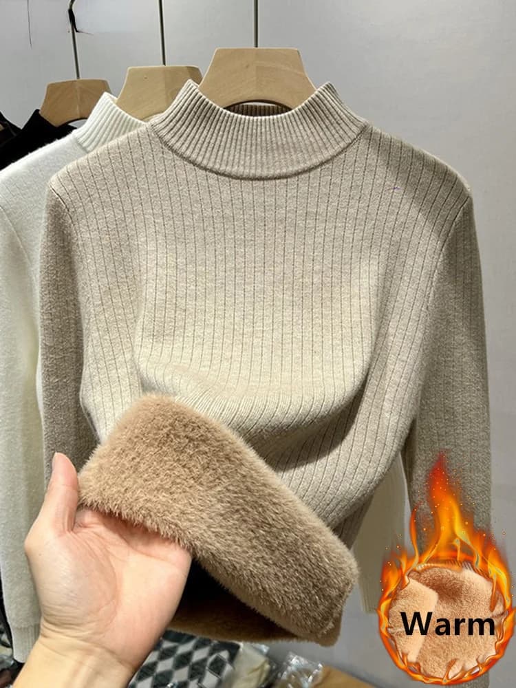 Maglione caldo invernale Pullover da donna Slim addensato peluche foderato in velluto maglieria maglione coreano mezzo dolcevita Poleras morbido top in maglia
