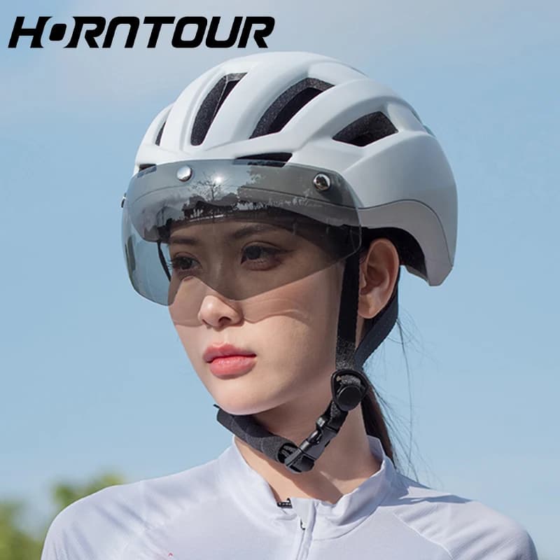 Casco da bicicletta Horntour per donna uomo fanale posteriore occhiali magnetici lente visiera parasole caschi da ciclismo casco da bici MTB da strada ultraleggero