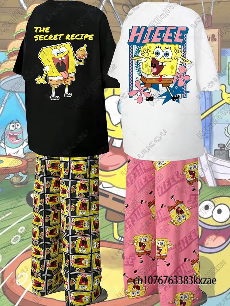 2026 Cartoon SpongeBob Couple Summer Cotton T-shirts With Pajamas Pants Oversized Suits Men Women Clothing Casual Homewear Sets