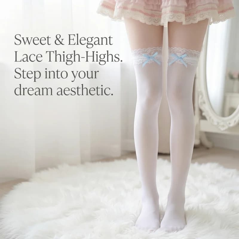 Elegant Sheer White Lace Thigh High Socks for Women with Bow - Sweet Lolita Cosplay Daily Wear Sexy Gift Stockings