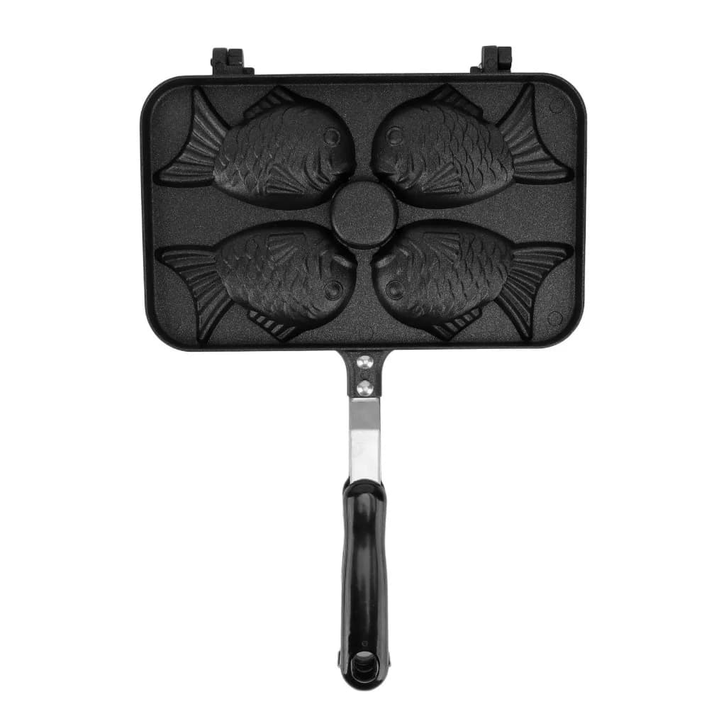 Padella Antiaderente per Taiyaki a Forma di Pesce, in Lega di Alluminio a Doppio Lato, con 4 Griglie e Manico Anti-scottatura