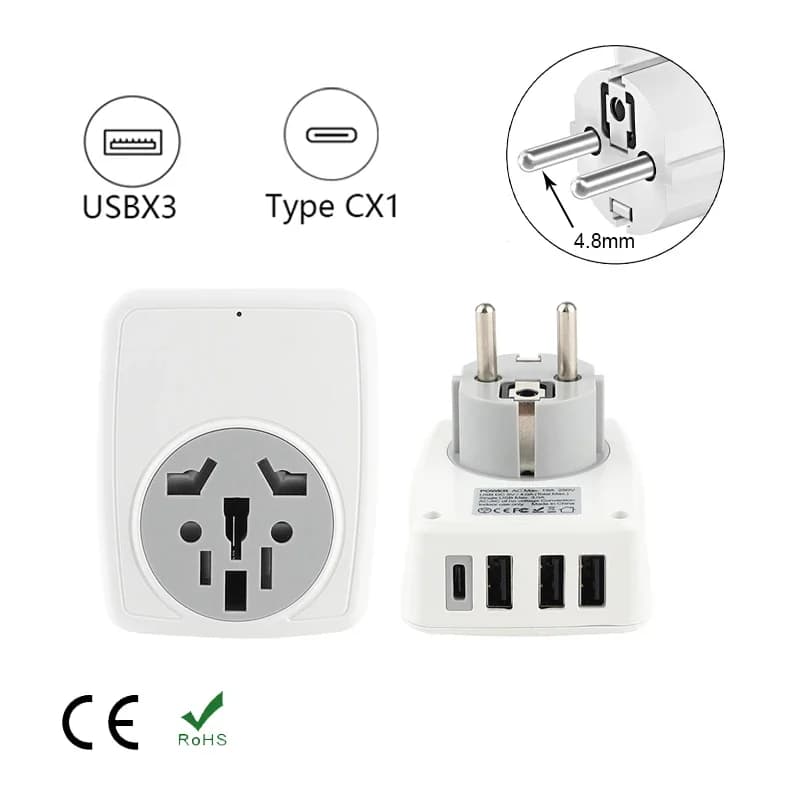 Ciabatta europea con 3 porte USB e 1 porta di tipo C adattatore da viaggio presa a muro adattatore per spina di alimentazione presa convertitore ca