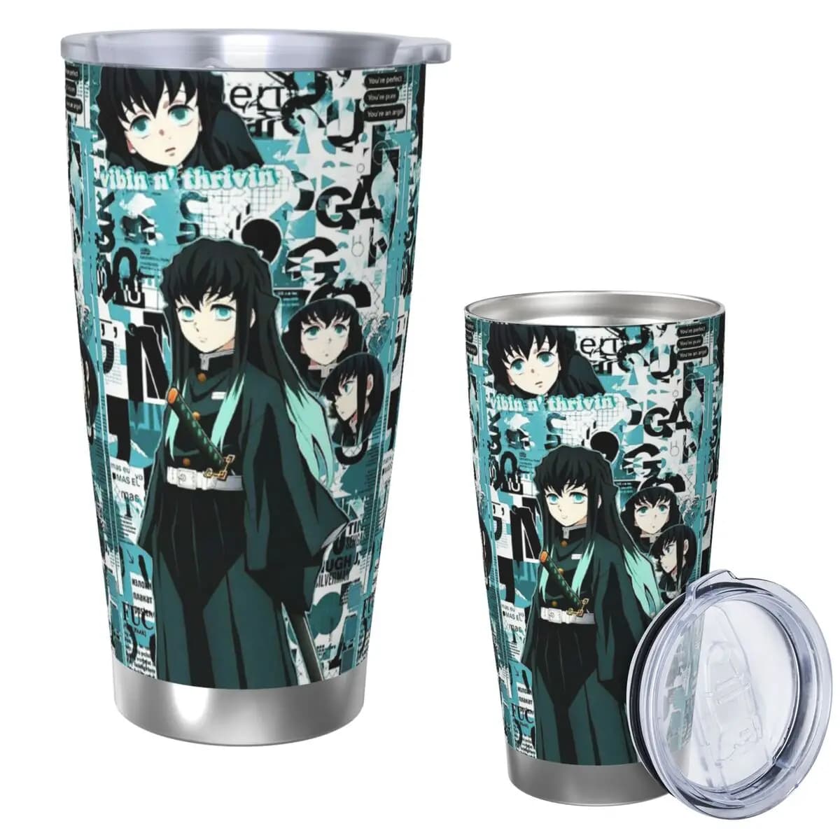Demon Slayer Muichiro Tokitou Bicchiere in acciaio inossidabile Tazza isolata sottovuoto Bottiglia termica fredda con cannuccia con coperchio 20 once