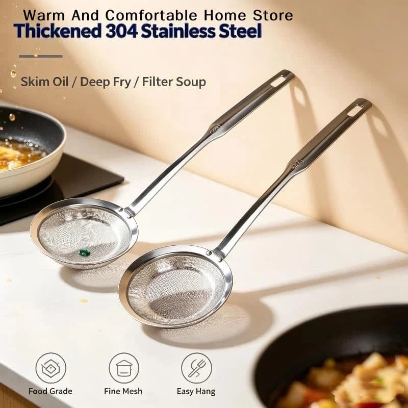 【W】304 Stainless Steel Fat Skimmer Spoon Fine Mesh Grease Foam Removing Oil Dregs Fishing Percolator Fried Food Net Strainer