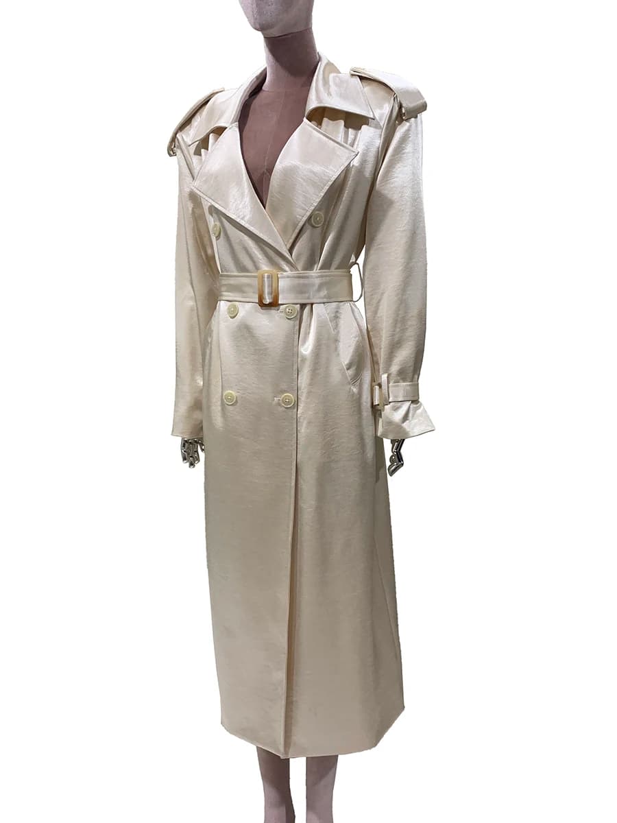 Mauroicardi Autumn Long Shiny Soft Satin Trench Coat for Women Belt Elegant Chic Luxury Designer Clothes European Fashion 2025
