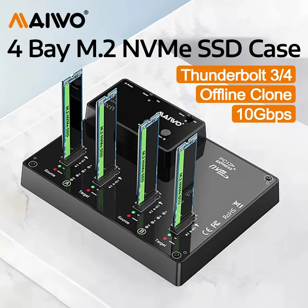 MAIWO Box Esterno per SSD NVMe M.2 a 4 Bay con Funzione di Clonazione Offline, Lettore di Dischi Rigidi Esterni Type-C per SSD NVMe PCIe con Chiave M/B&M