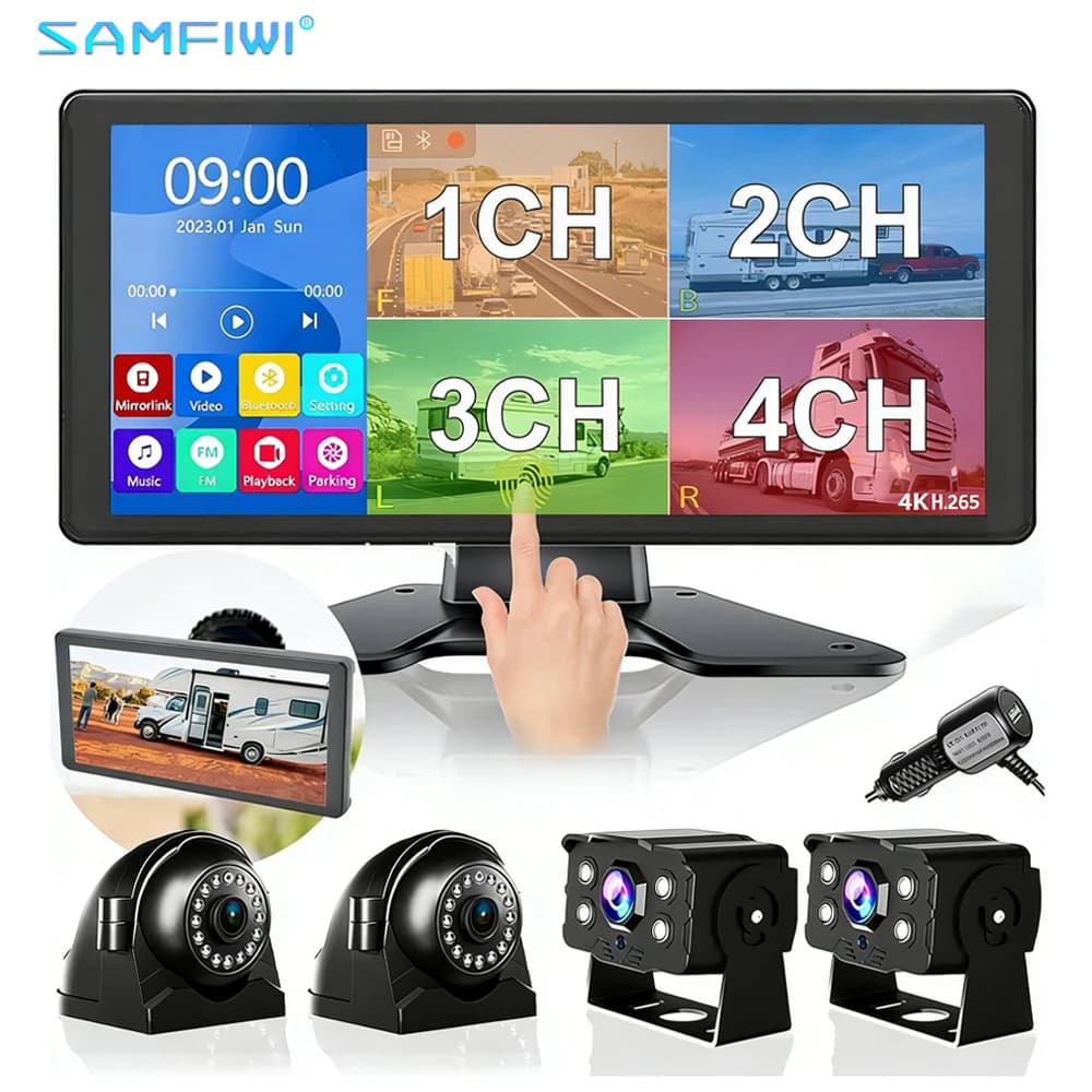 Kit Telecamera di Retromarcia DVR Touch da 10,36' con 4 Canali, Telecamere Impermeabili 1080P con Visione Notturna, Lettore MP5 Bluetooth per Camper, Camion e Roulotte