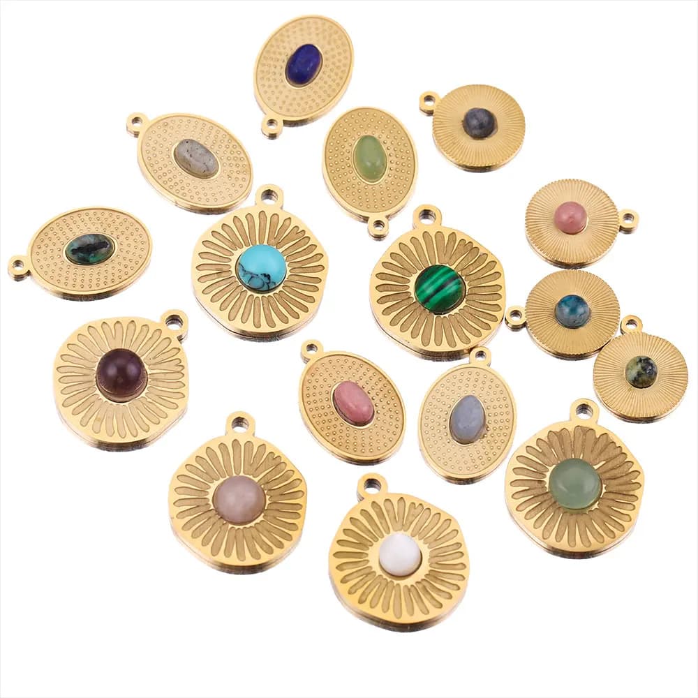 5pcs Stainless Steel Flower Round Oval Pendants Charms Natural Stone for Jewelry Making Dangle DIY Earring Necklace Wholesale