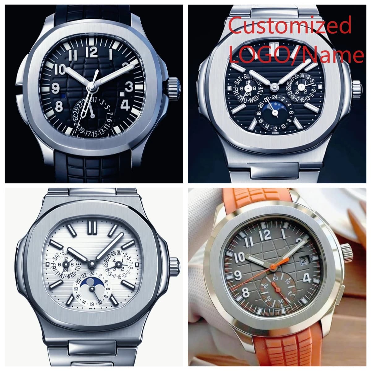 Personalized watch A11 40mm, Sporty watch for men, Automatic mechanical watches in 904L stainless steel, Black and Blue Rubber Strap