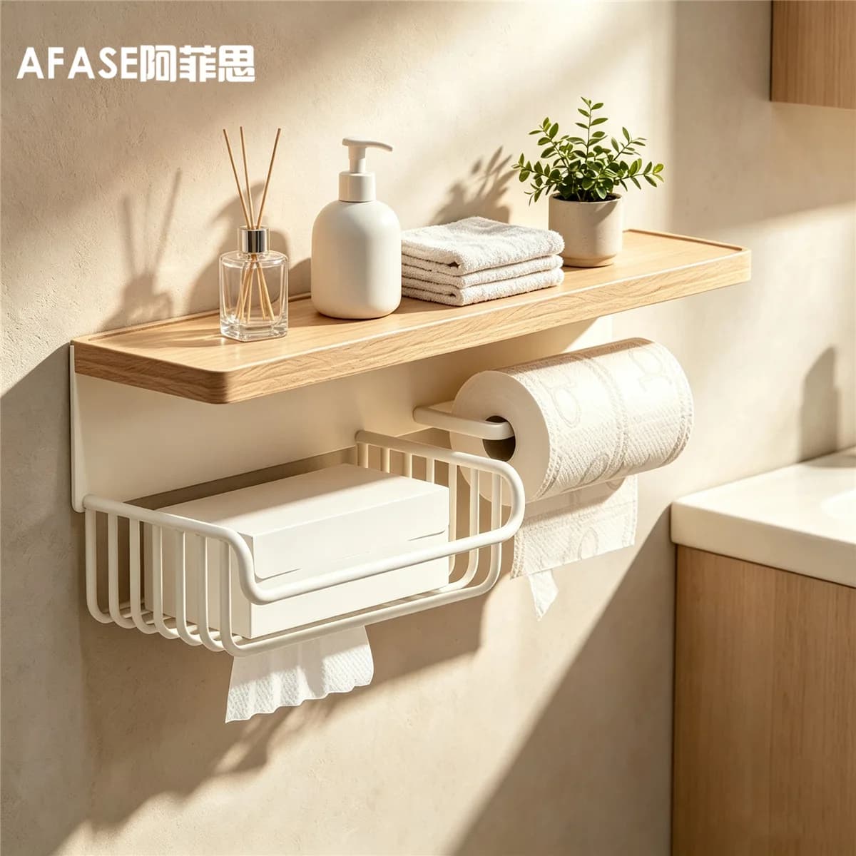 Wood Wall Mount Toilet Paper Holder Tissue Box No Drill Adhesive Bathroom Roll Facial Organizer Shelf Removable Beech Rack
