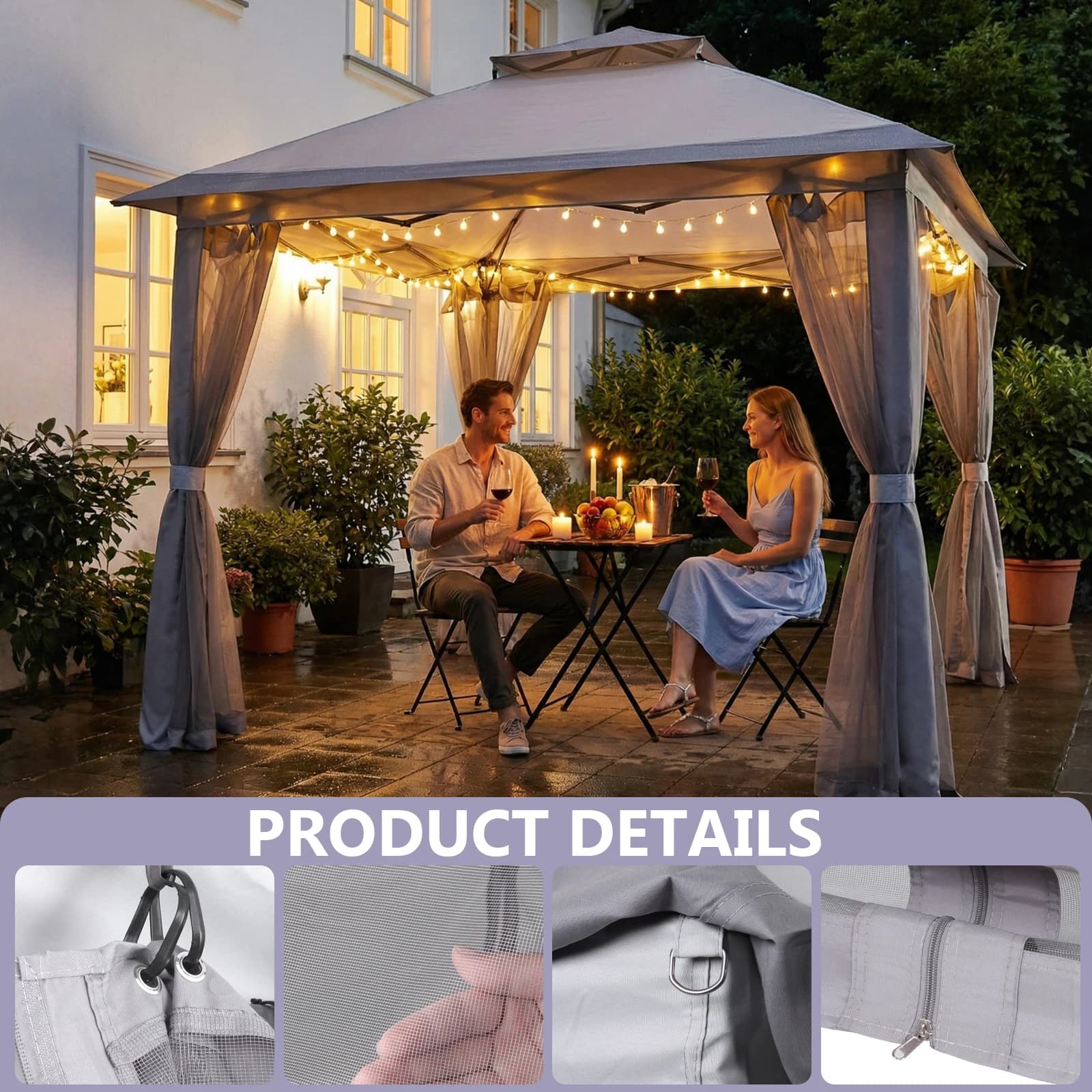 Tende Parasole Pieghevoli 3x3m con Telaio in Metallo, Picchetti e Zanzariere con Schermo Privacy per Campeggio/Giardino/Cortile