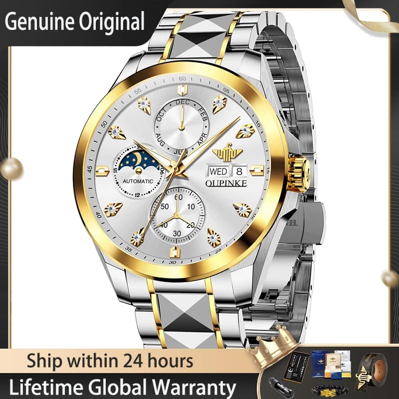 OUPINKE 3298 Original Luxury Mens Watch Automatic Mechanical Watch Waterproof Luminous Week Date Watches For Man Tungsten Steel