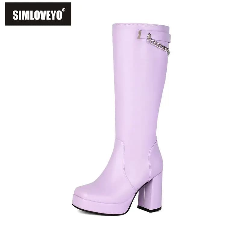SIMLOVEYO Purple Shiny Women Knee High Boots Square Toe 9cm Block Heel 2.5cm Platform Zipper Plus Size 42 43 44 45 Dating Botas