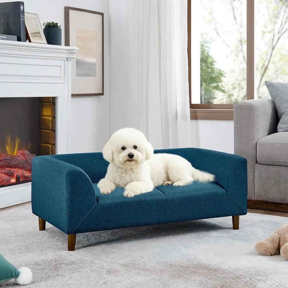 Divano Letto Rialzato Blu per Cani di Taglia Media con Gambe in Legno