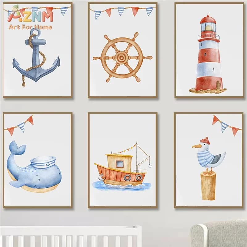 1PC Nautical Ocean Boat Anchor Lighthouse Poster Prints,canvas Painting for Room Home Decoration Cuadros