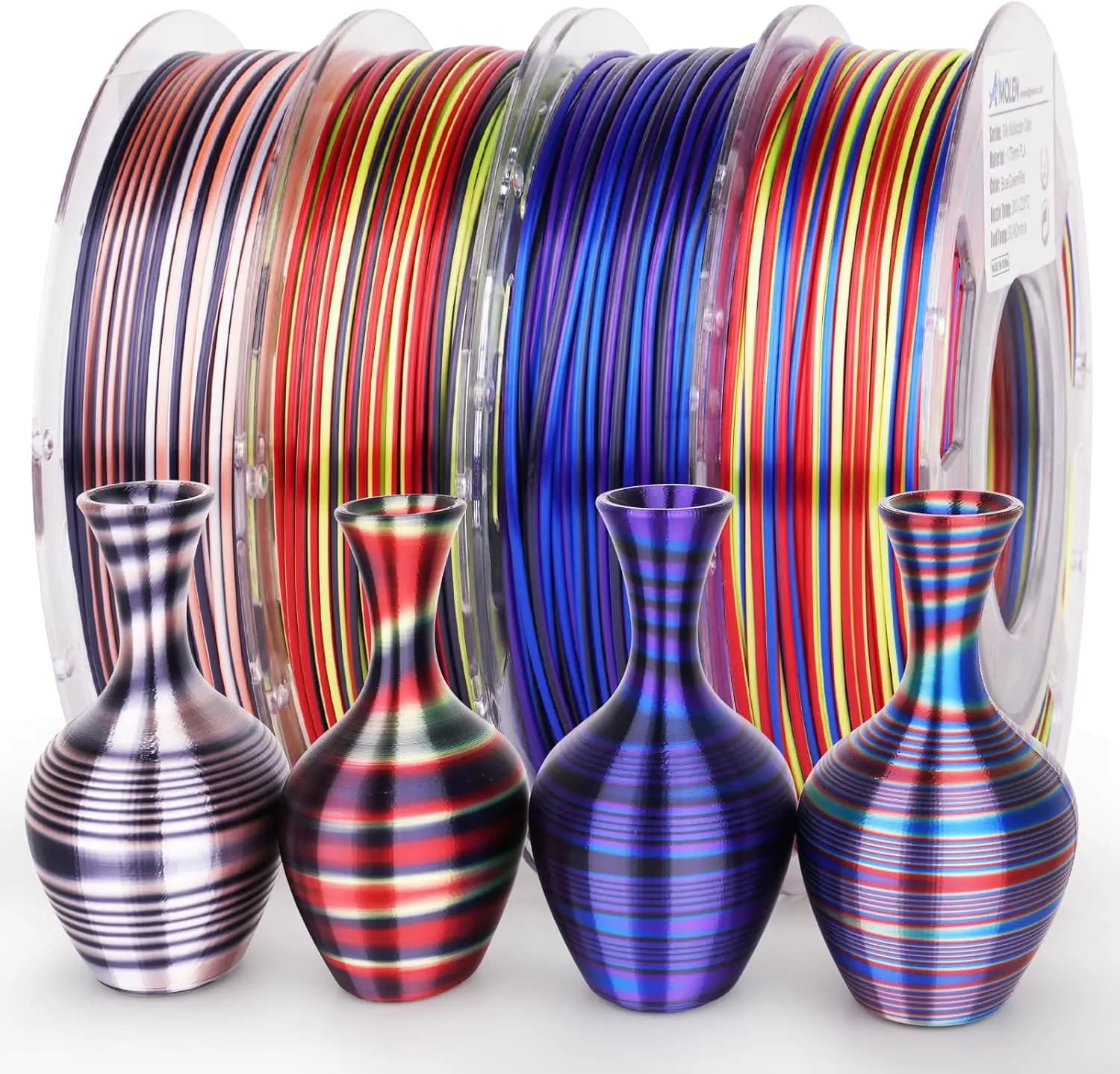 Filamento PLA Multicolore Arcobaleno 1.75mm, Cambio Colore Rapido per Stampante 3D, 4 Bobine 800g, Confezione PLA Lucida per FDM