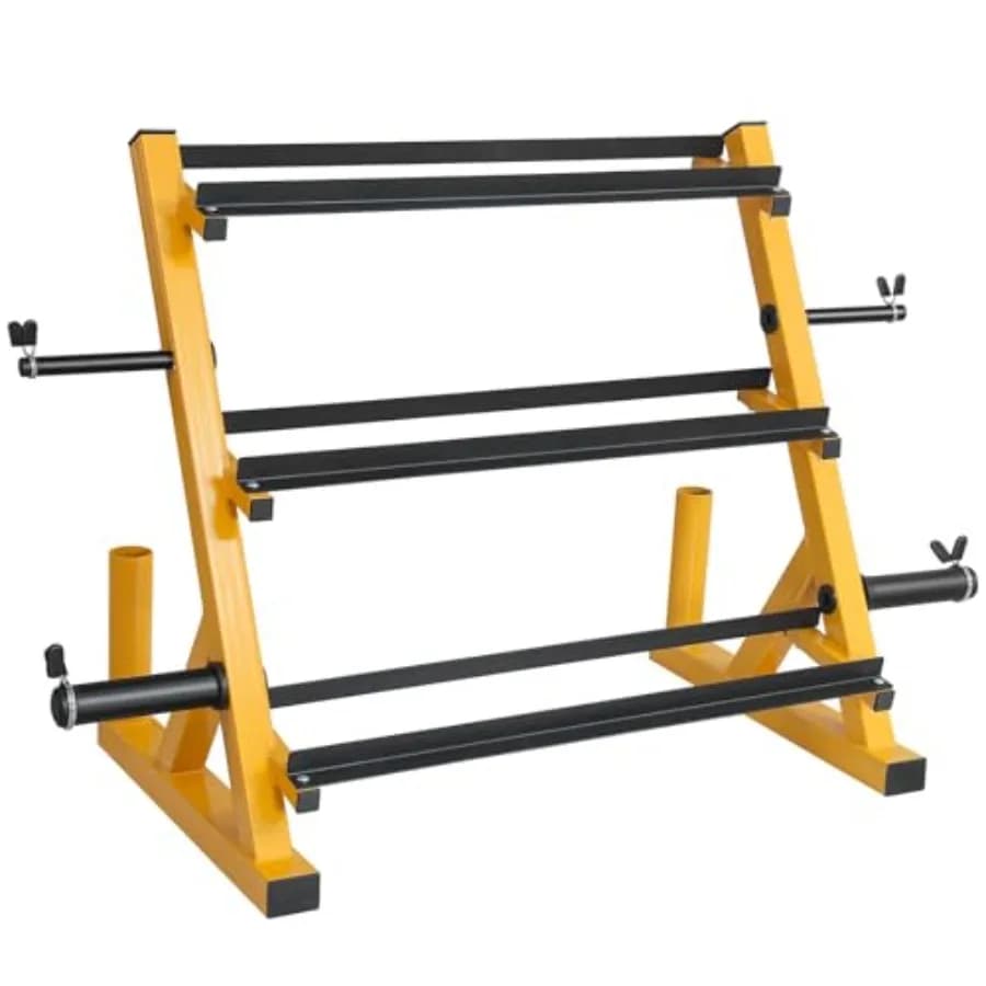 3 level weight rack holder for heavy loads, for handlebars, kettle bells, weight plates, alloy steel, 1200 pounds, yellow
