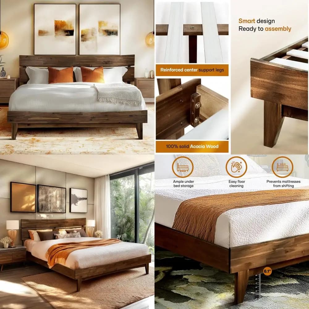 Queen Size Acacia Aurora bed frame in solid wood with headboard and foundation, contemporary style