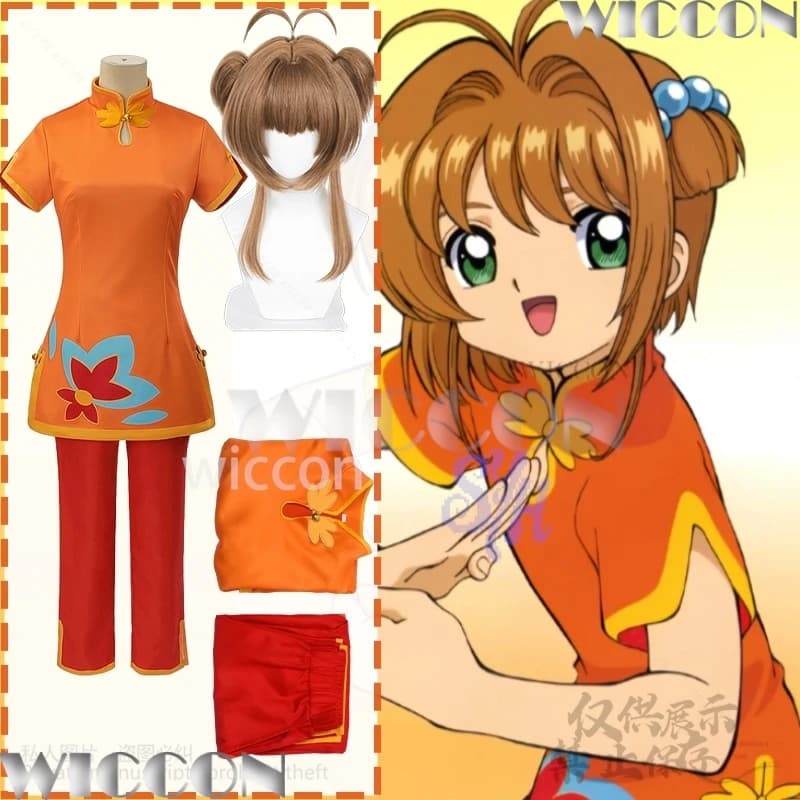 Sakura cosplay Hong Kong costume Anime Card Captor Cheongsam arancione Mini abito pantalone parrucca festa di Halloween ragazza kawaii Comic Con Cos