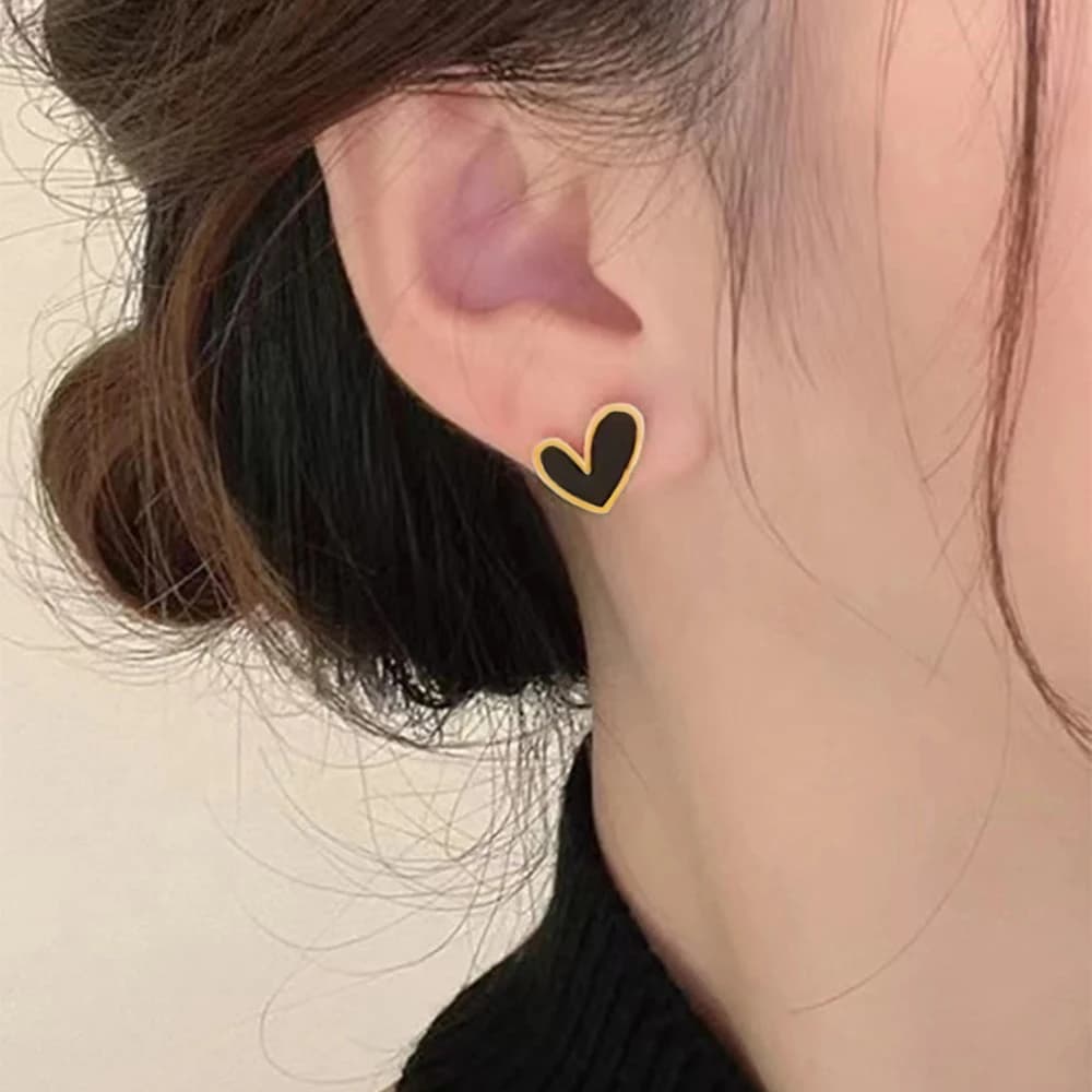 Black Enamel Heart Stud Earrings for Women, 18K Gold Plated Dainty Love Heart Earrings, Minimalist Jewelry Gift