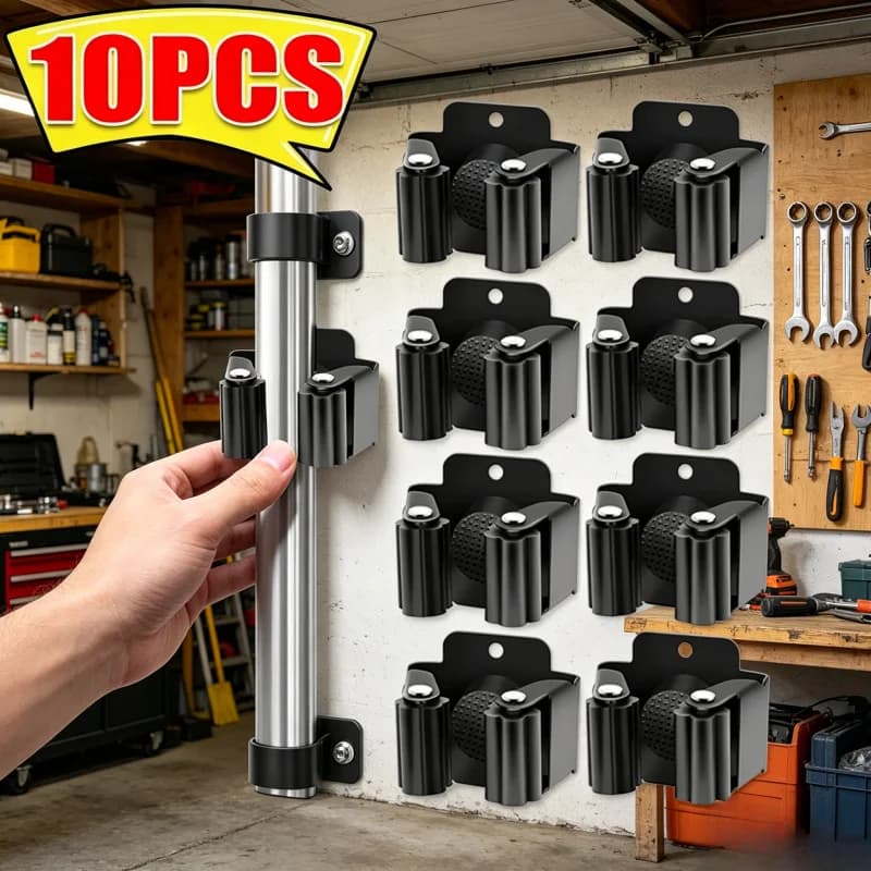 Self-Adhesive Mop Holder Clips, Stainless Steel Broom Hanger Hook, Waterproof Rack with Screw for Kitchen Bathroom Organizer