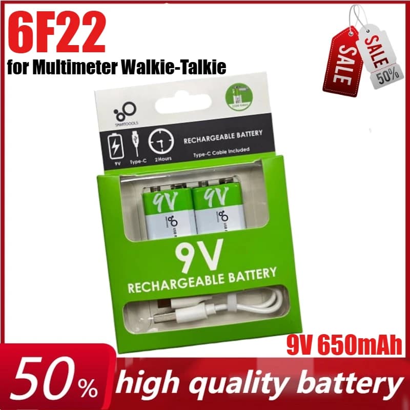 Batteria ricaricabile agli ioni di litio 9V 650mAh 6F22 per multimetro, microfono, telecomando KTV, walkie-talkie + cavo di tipo C