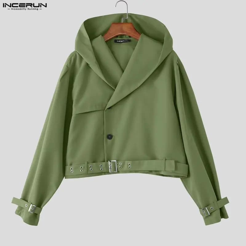 INCERUN Uomini Giubbotti di Colore Solido Con Cappuccio Manica Lunga Bottone Maschile Cappotti Sottili Streetwear Allentato Moda Casual Crop Giubbotti Uomini S-5XL