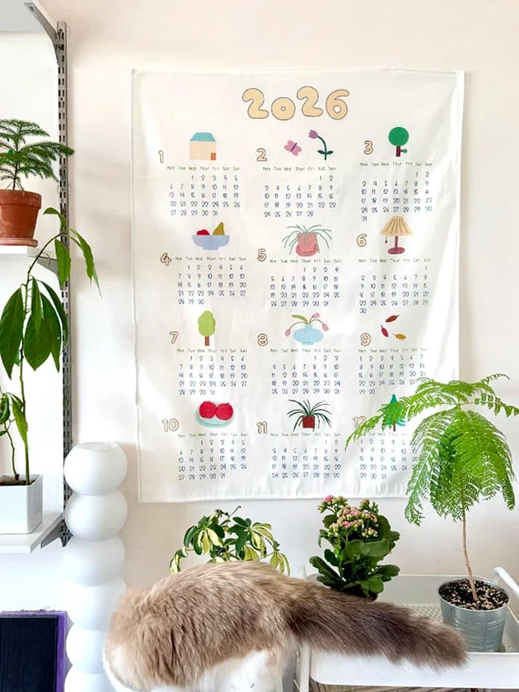 Cute Bedroom Wall Decorative Cloth 2026 Year Calendar Hanging Tapestry Korean Style Cartoon Motif Hand Washable Rectangular M...