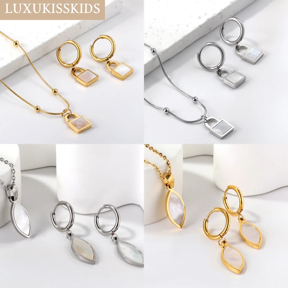LUXUKISSKIDS White Shell eleganti set di gioielli Lock ciondolo perline catene collane foglia orecchini a goccia d'acqua coppia Y2K accessori