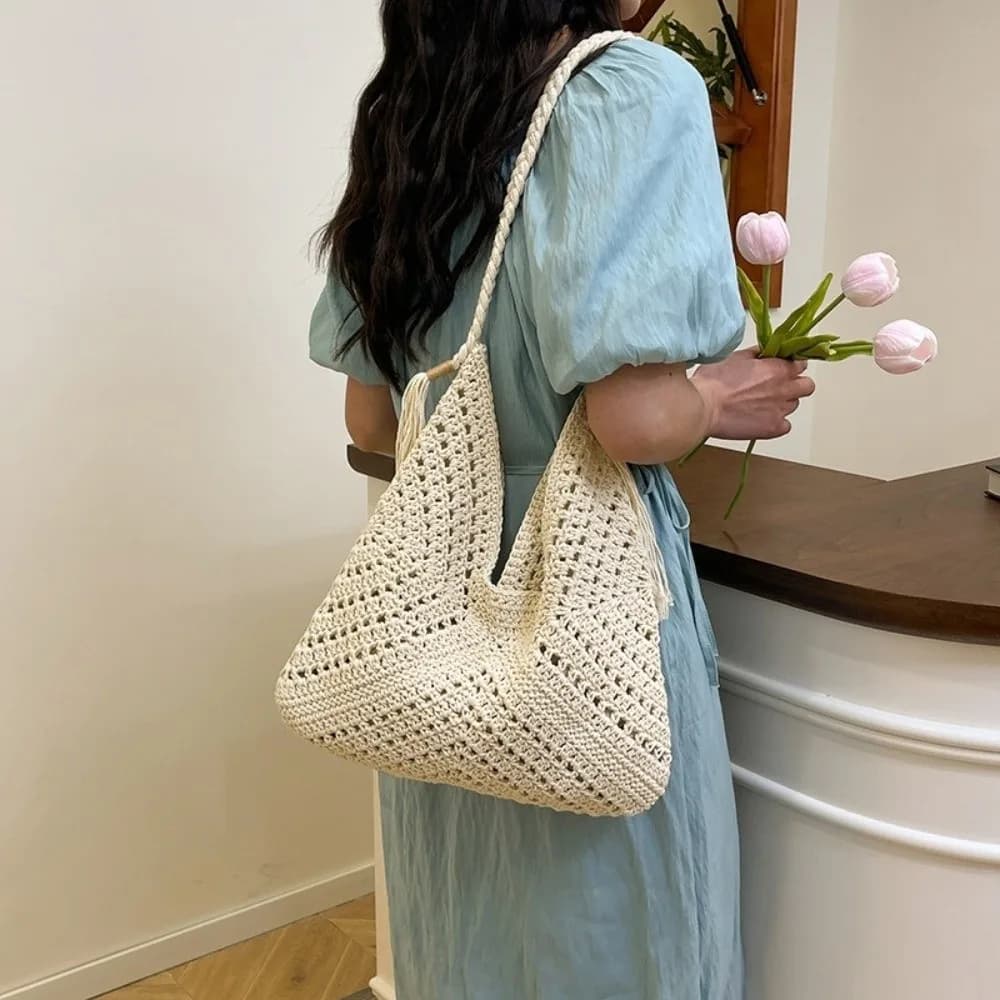 Summer Bohemian Knitted Shoulder Bag Solid Color Cotton Thread Crochet Tote Bag Hollowed Large Capacity Weave Handbag Beach