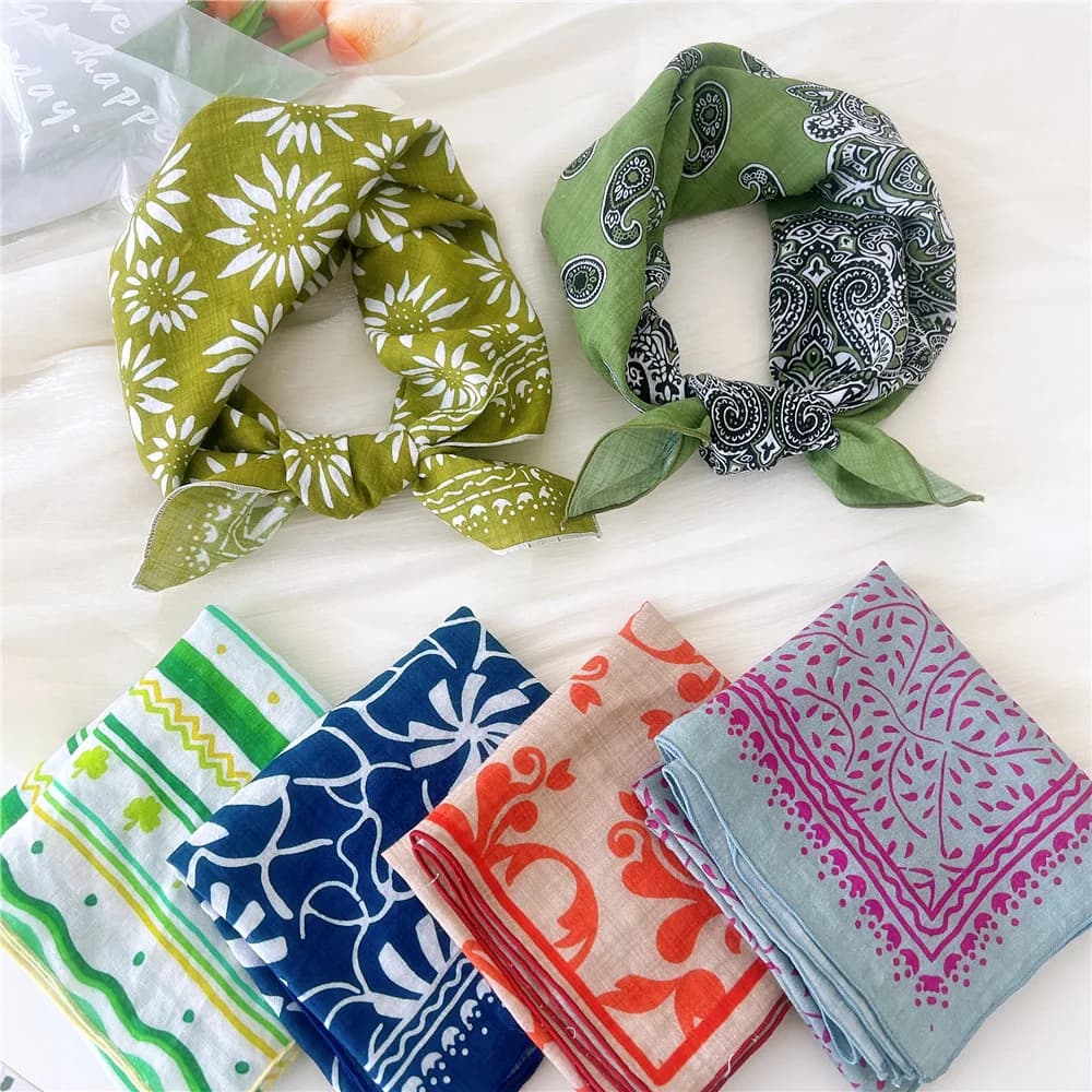 Square cotton linen scarf with luxury floral print Soft women's hair scarf Square scarves women's neck scarves