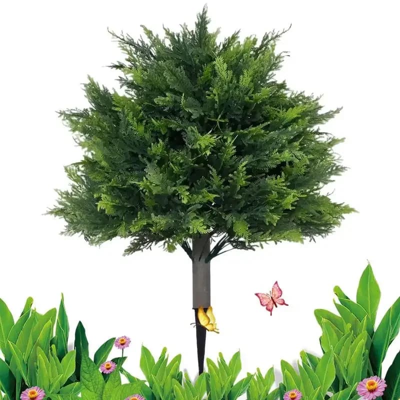 Artificial Cedar Topiary Tree 60 cm, Evergreen Realistic Cypress Resistant to weather with Patio Support Pad or Internal Use
