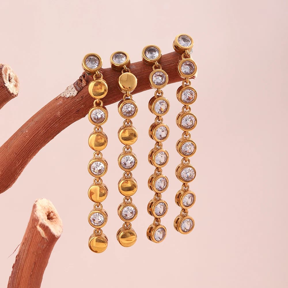 Orecchini pendenti lineari con zirconi incastonati in oro 18 carati, impermeabili, in acciaio inossidabile, con catena lunga, per donna, gioielli alla moda, idea regalo.